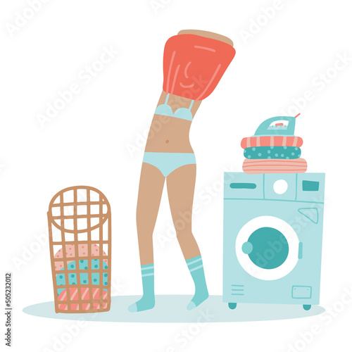 Female character takes off her sweater. Funny Woman in underwear and socks wants to start washing machine. Girl taking off her clothes to put in the laundry basket. Vector Flat hand drawn illustration