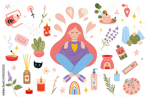 Set of design elements on self-care theme. Girl with cozy items, scandinavian hygge cartoon style.  Self love, health, beauty and wellness concept.