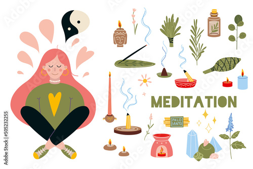 Woman meditating with croosed legs. Meditation practice set. Concept of zen and harmony, relax, recreation, healthy lifestyle. Vector illustration in flat cartoon style.
