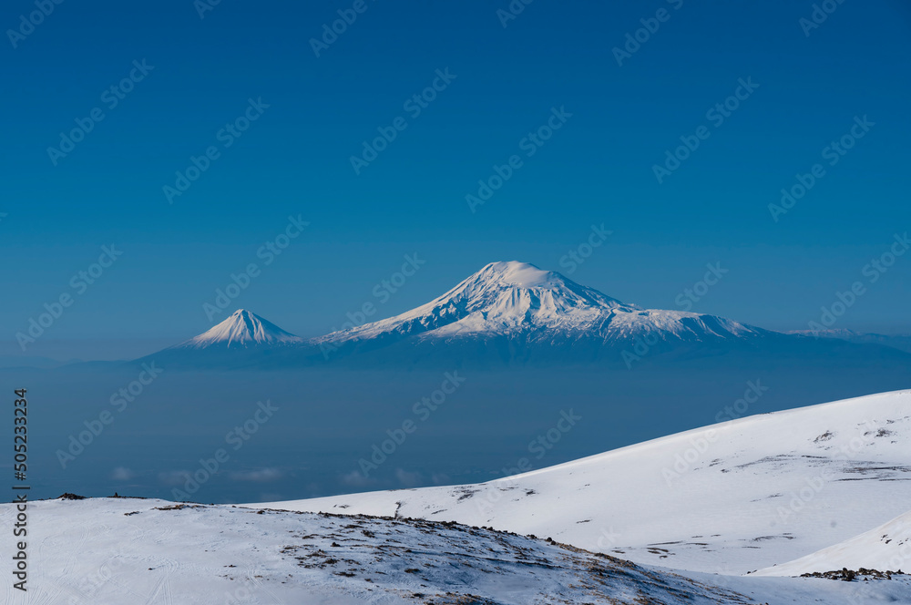 Snow covered Ararat mountains. Winter landscape.