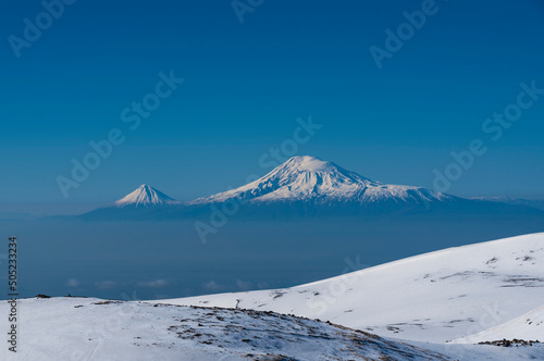 Snow covered Ararat mountains. Winter landscape. © Inga Av