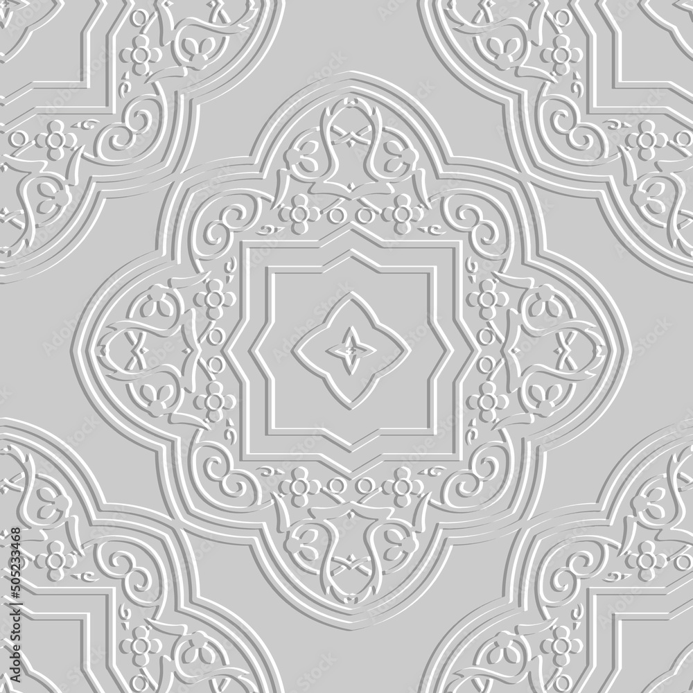 Emboss 3d white seamless pattern. Textured arabesque floral vector background. Embossed line art relief ornament. Repeat grunge  arabian style backdrop. Vintage flowers, leaves. Endless 3d texture