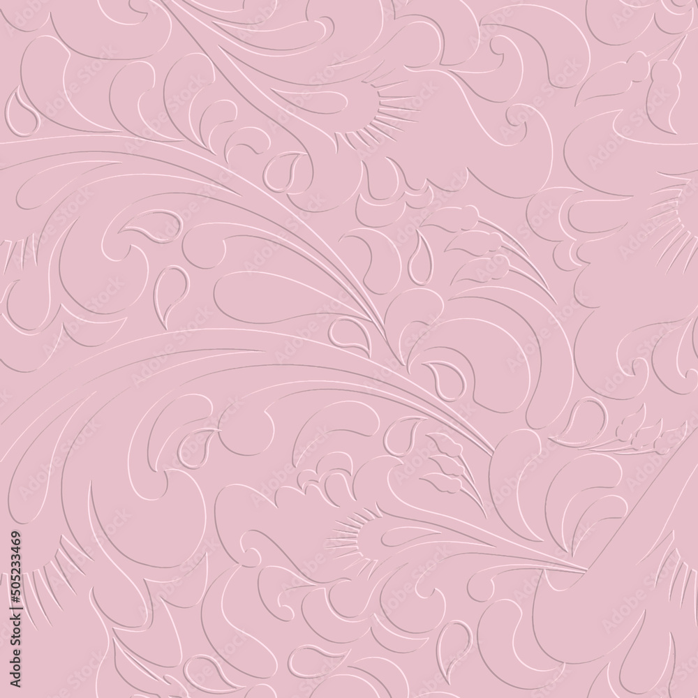 Emboss 3d light pink floral Paisley seamless pattern. Textured vector background. Embossed ethnic style relief flowers ornament. Repeat grunge   backdrop. Vintage flowers, leaves. Endless 3d texture