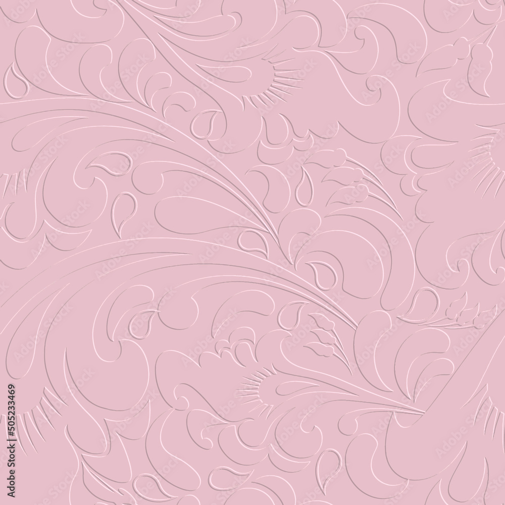 Emboss 3d light pink floral Paisley seamless pattern. Textured vector background. Embossed ethnic style relief flowers ornament. Repeat grunge backdrop. Vintage flowers, leaves. Endless 3d texture Emboss 3d light pink floral Paisley seamless pattern. Textured vector background. Embossed ethnic style relief flowers ornament. Repeat grunge backdrop. Vintage flowers, leaves. Endless 3d texture