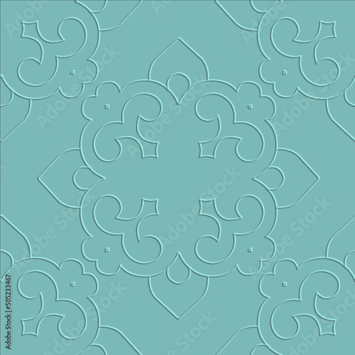 Emboss 3d lines seamless pattern. Textured arabesque floral vector background. Embossed line art relief ornament. Repeat grunge light blue lines Damask backdrop. Vintage flowers. Endless texture