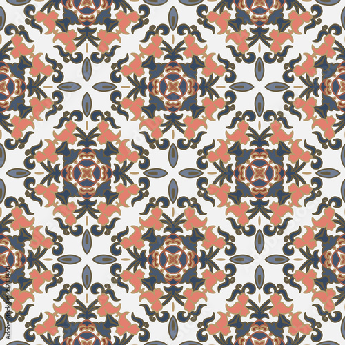 Floral seamless pattern. Vector ornamental ethnic style background. Colorful abstract flowers ornament on white background. Repeat patterned backdrop. Isolated design on white. Endless texture