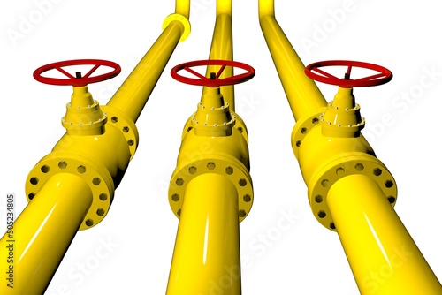 Gas pipes of yellow light. Gasification pipeline. Gasification of industrial enterprise. Boiler station of gas processing factory. Gas pipes with many taps and connections. Pressure reducing valves