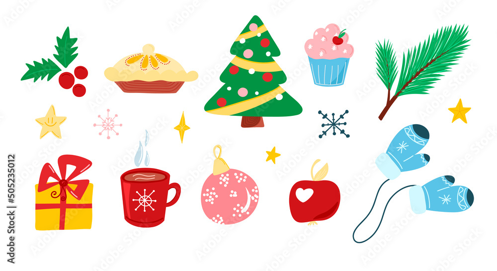 A large vector set of elements with Christmas elements in cartoon style, Christmas toys, Christmas tree, gifts and sweets. Children's illustration with cute animals for postcards, posters, design