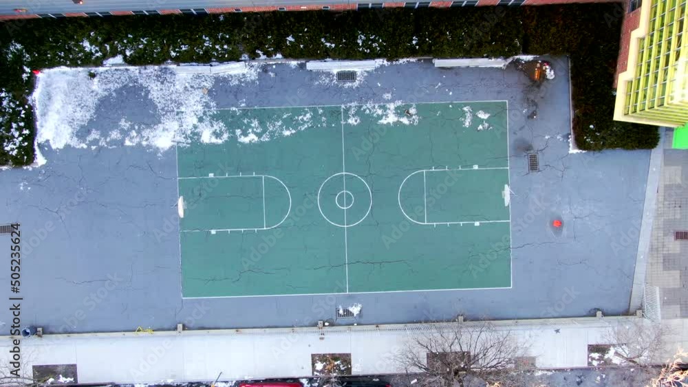 God View Shot of a Basketball Court at Bathgate High School in the