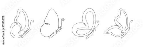 Line art butterfly flying set. Continuous one line drawing butterflies insects. Vector isolated on white.