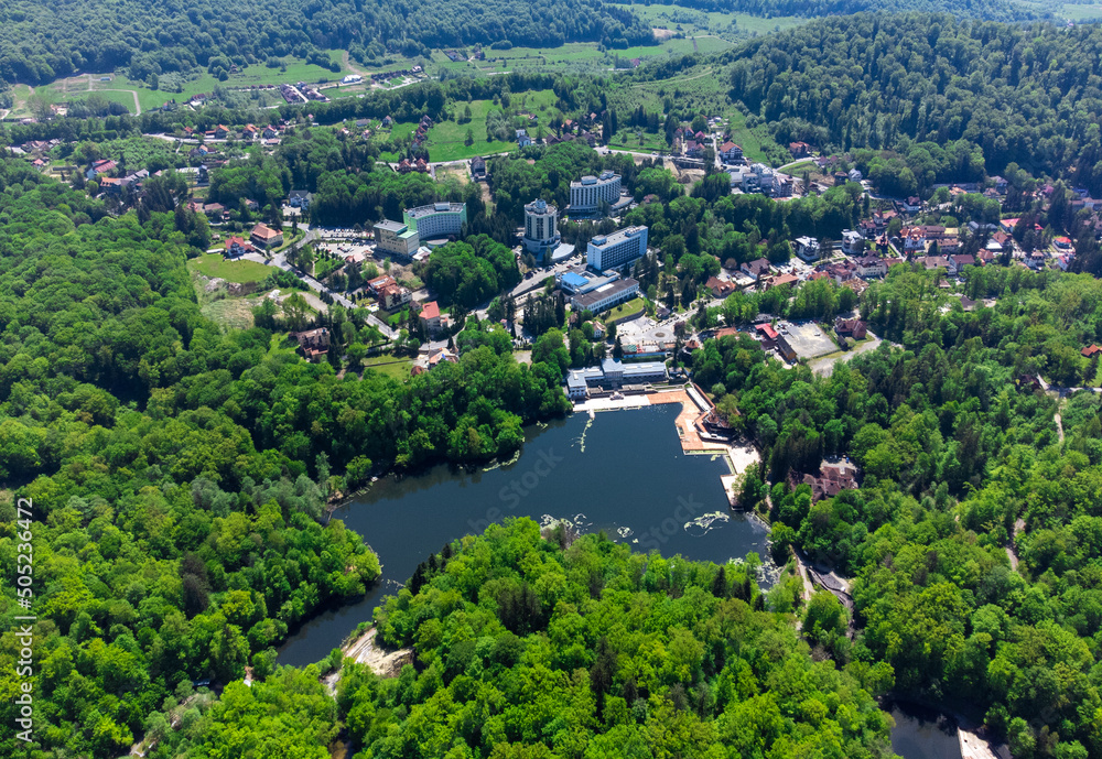 Fototapeta premium Aerial landscape with Ursu Lake in Sovata resort - Romania