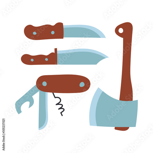 Set of hand drawn icons of hiking and picnic tools such as knife, jackknife, axe. Vector illustration