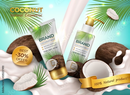 Realistic Detailed 3d Coconut Natural Cosmetics Ads Banner Concept Poster Card. Vector illustration of Cosmetic Product