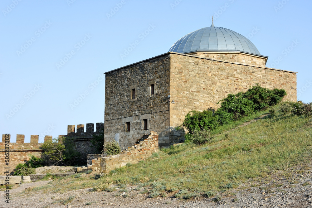 SUDAK, CRIMEA – JUNE 10, 2019: Genoese fortress of the 14th century in the Sudak bay on the Peninsula of Crimea SUDAK, CRIMEA – JUNE 10, 2019: Genoese fortress of the 14th century in the Sudak bay on the Peninsula of Crimea