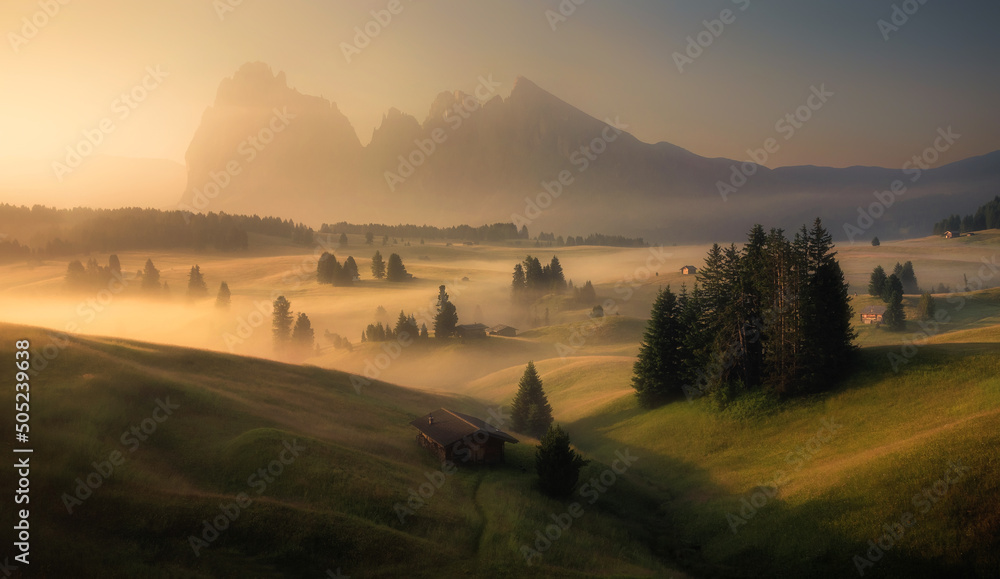 Beautiful sunrise in the mountains of the Dolomites with fog and mist. Beautiful sunrise in the mountains of the Dolomites with fog and mist.