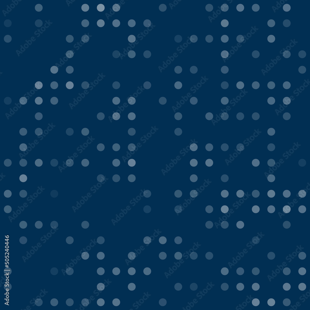 Abstract seamless geometric pattern. Mosaic background of white circles. Evenly spaced  shapes of different color. Vector illustration on dark blue background