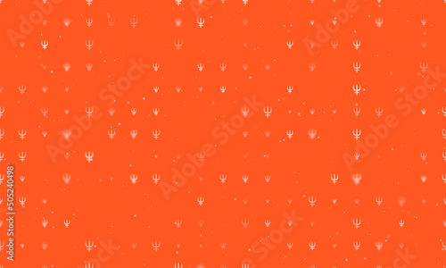 Seamless background pattern of evenly spaced white astrological neptune symbols of different sizes and opacity. Vector illustration on deep orange background with stars