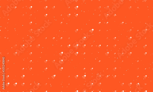 Seamless background pattern of evenly spaced white satellite symbols of different sizes and opacity. Vector illustration on deep orange background with stars