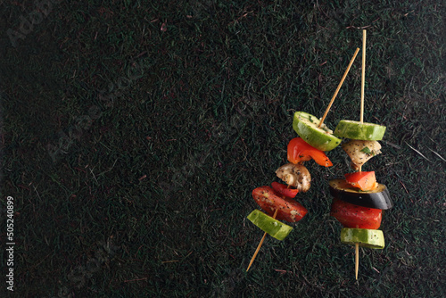 bbq concept - bbq vegetables on wooden skewers on green grass background flat lay photo