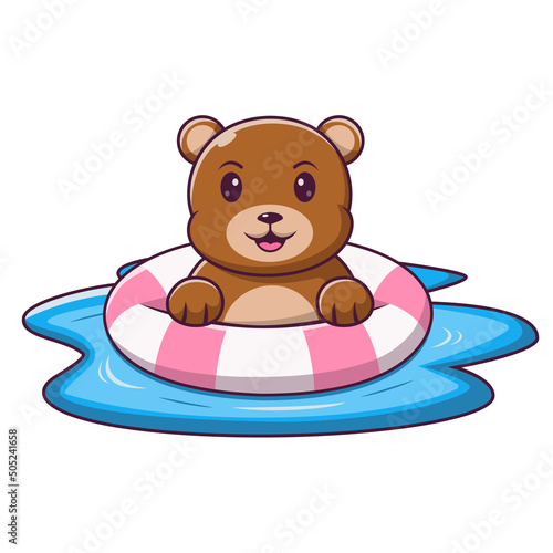 Cute Teddy bear cartoon using inflatable ring, Cartoon bear in summer holiday, vector cartoon illustration