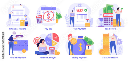 Set of illustrations for tax payment, tax return, salary payment, personal and family budget, finance control. People study the financial report, audit and accounting. Vector illustration flat design photo