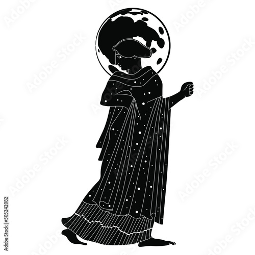 Ancient Greek woman as starry night with full moon as her nimbus. Goddess Selene or Nyx. Creative concept for lunar feminine energy. Female archetype.Black and white silhouette.