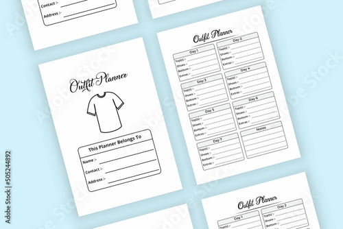 Outfit planner notebook KDP interior. Daily costume planner journal and fashion designer essential logbook template. KDP interior notebook. Client outfit tracker and regular clothing list template.