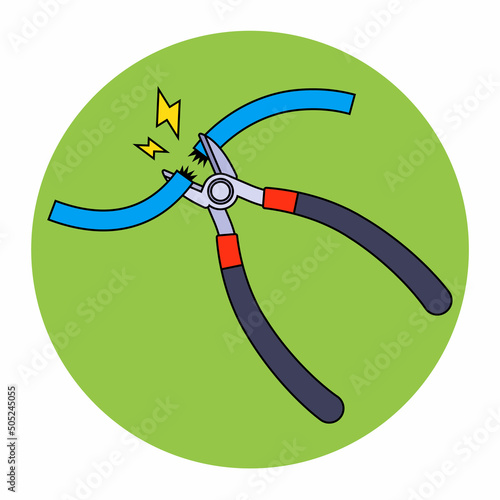 wire cutters are cutting the electrical cable. flat vector illustration.