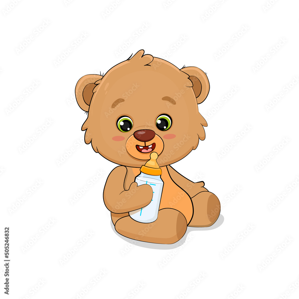 Obraz premium Сute cartoon teddy bear with a bottle of milk.Baby teddy bear.Card for a newborn.Vector illustration