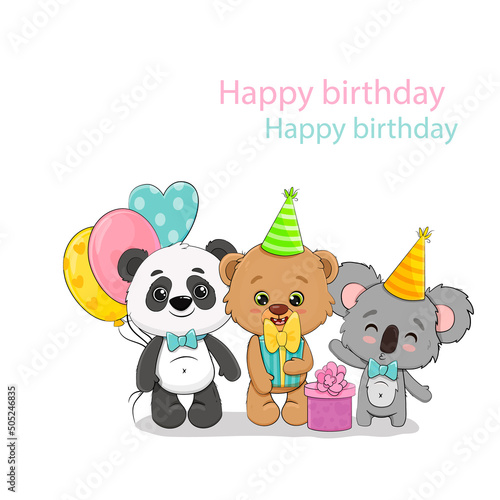 Birthday background with happy bears.Invitation for kids with cute animals.Greeting card template. Panda  koala  teddy bear.Vector illustration