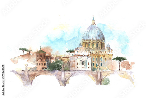 Canvas Print Watercolor drawing sketch of Vatican view