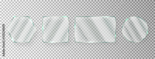 Glass window texture. Light rectangle, circle, hexagon banner. Gloss screen. Glossy mirror panel. Plastic plate mockup. Digital frame. Clear button. Square tag. Shiny framework. Vector illustration