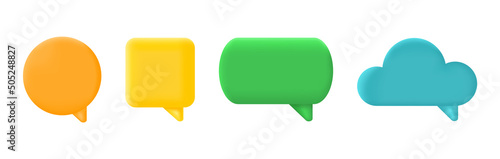 3d Speech bubble set. Color text box. Social media chat shape. Square balloon. Dialog frame. Message tag. Speak icon. Cloud icon. Speak quite sign. Business concept. Vector illustration