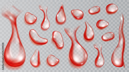 Set of realistic translucent water drops in red colors in various shape and size, isolated on transparent background. Transparency only in vector format