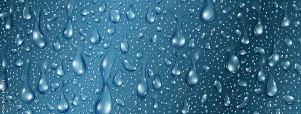 Background of big and small realistic water drops in blue colors - obrazy, fototapety, plakaty 