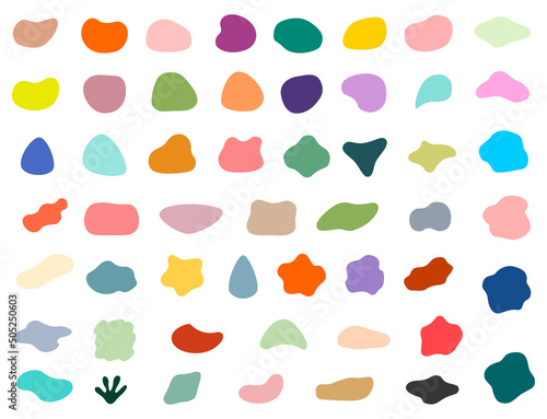 Set of different colored blotch shapes. Random abstract liquid shapes, round abstract organic elements. Pebble, drops and blobs silhouettes. Simple rounded shapes.