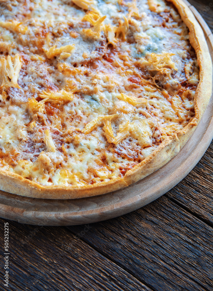 crispy crust cheesy pizza with basil and chicken crispy crust cheesy pizza with basil and chicken