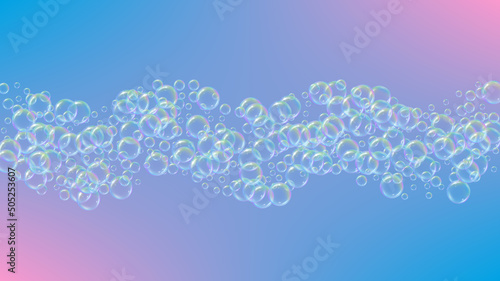 Soap bubble. Detergent bath foam and suds for bathtub. Shampoo. 3d vector illustration layout. Aqua fizz and splash. Realistic water frame and border. Rainbow colorful liquid soap bubble.
