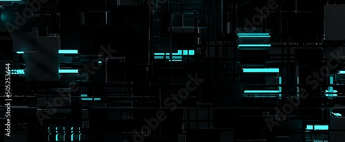 Dark techno surface with neon lights. Abstract circuit board with 3d render processors with blue halogen light. Futuristic cyber barrier with integrated energy protection