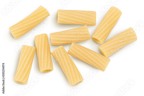 raw italian tortiglioni pasta isolated on white background with clipping path and full depth of field. Top view. Flat lay