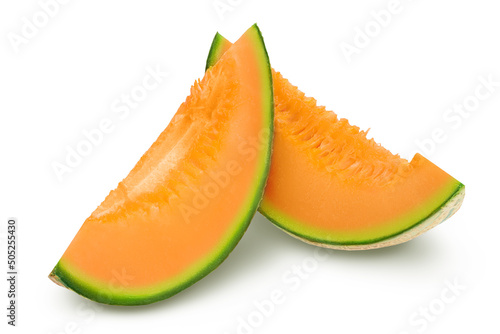 Cantaloupe melon piece isolated on white background with clipping path and full depth of field.