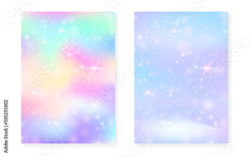 Kawaii background with rainbow princess gradient. Magic unicorn hologram.