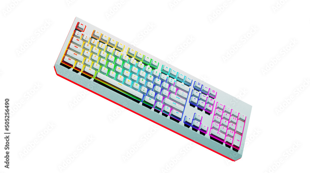 White gaming keyboard with RGB light, isolated on a white background. Rainbow keyboard in the air, 3d render. Equipment for gamers White gaming keyboard with RGB light, isolated on a white background. Rainbow keyboard in the air, 3d render. Equipment for gamers