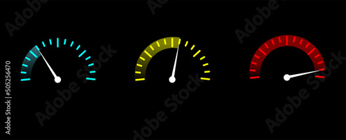 Speed ​​measurement dial and dashboard for car. Illustration of a gauge and icon for speed control and measurement. Power arrow and speed measurement. Vector