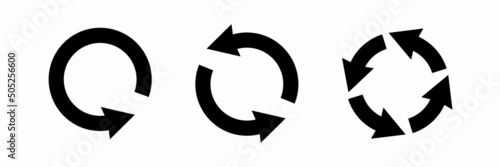 Circular arrow and icon, refresh symbol and reload set. Repeat sign and update illustration. Collection of rotation with black cursor and circular arrows. Vector
