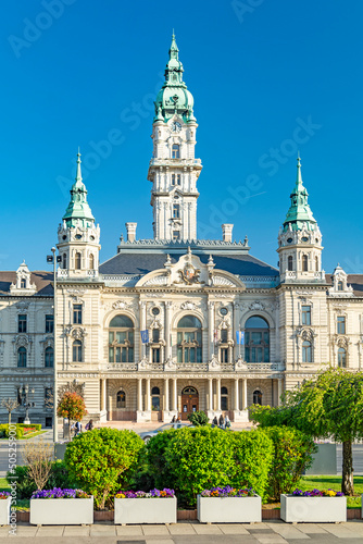 Photography Gyor, city in Hungary, town hall on sunny summer day