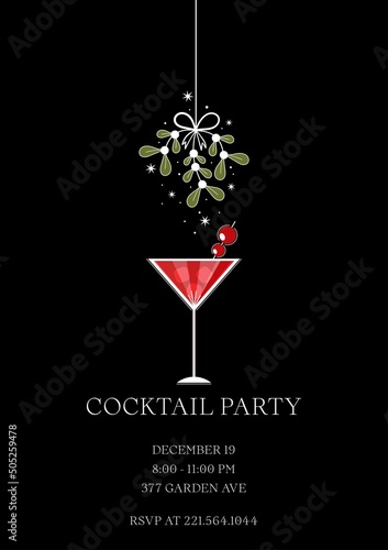 Christmas Cocktail party invitation. Holiday card, flyer. Bunch of mistletoe and martini glass. Vector illustration. Eps 10.