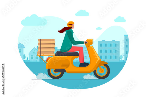 Express town pizza delivery by order service woman courier on moped. Fast logistic female on orange motor scooter delivering food box on cityscape road. Goods carrying by girl vector eps illustration
