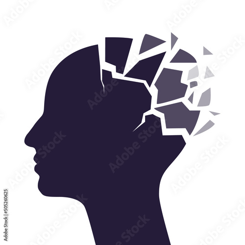 Human head breaking to pieces. Concept of mental disease, headache, stress.