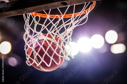 basketball game ball going through hoop photo